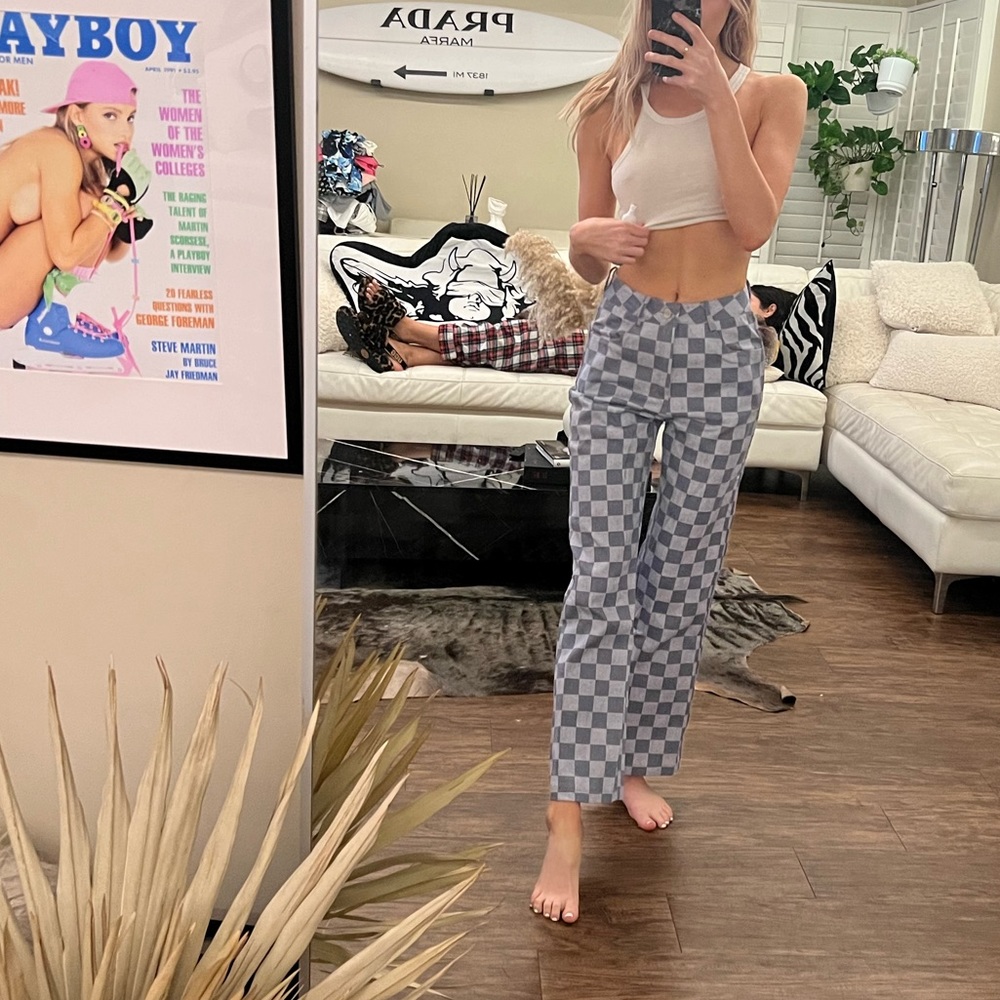 Blue and white checkered denim straight leg pants